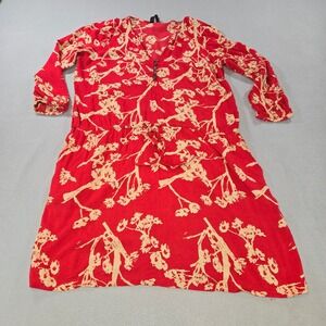 MNG by Mango Floral Dress Womens Large Red Long Sleeve V-Neck String Waist